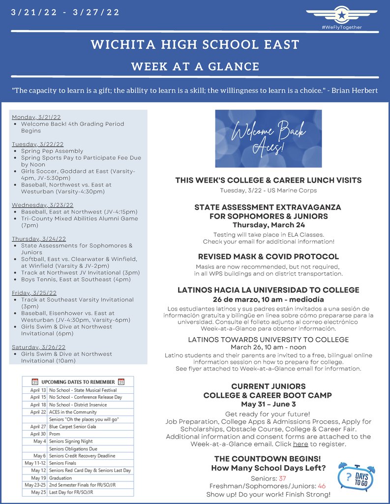 EastHighAces's tweet photo. ACES,
Welcome back! Check your email for information and upcoming school events and activities for the week.

#WeFlyTogether https://t.co/s7obSl2I5V