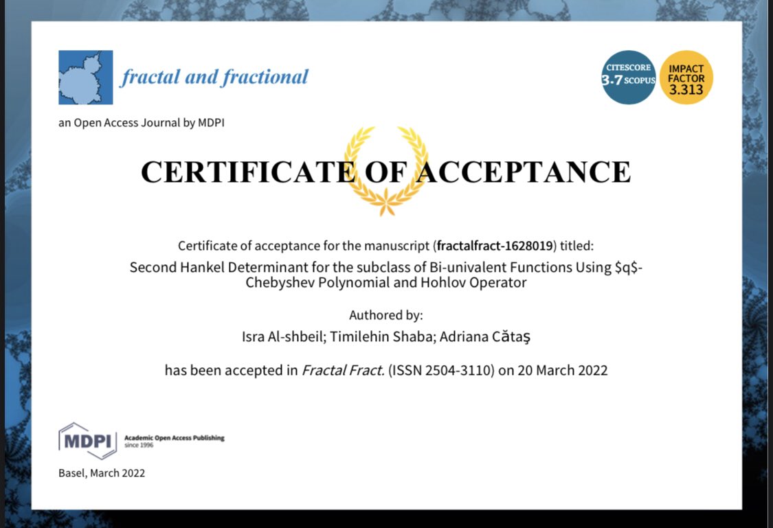 ShabaGideon007's tweet photo. 💃🏽💃🏽💃🏽Thank you lord…🙌🙌🙌…

I am pleased to inform you that my paper has just been accepted for publication in Fractal and Fractional (SCIE, Q1). When it is published, I will share its link with the interested ones. https://t.co/hvS6ZKgRy8