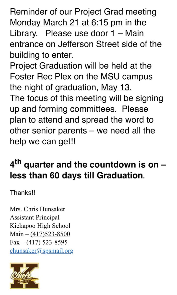 DrPowersKHS's tweet photo. .@KickapooChiefs Senior families - Project Graduation 👨🏽‍🎓 👩‍🎓 🧑🏾‍🎓 Meeting Monday, March 21st at 6:15 pm in the Kickapoo library. See image for more details. #GoChiefs https://t.co/fl0yR42WS2