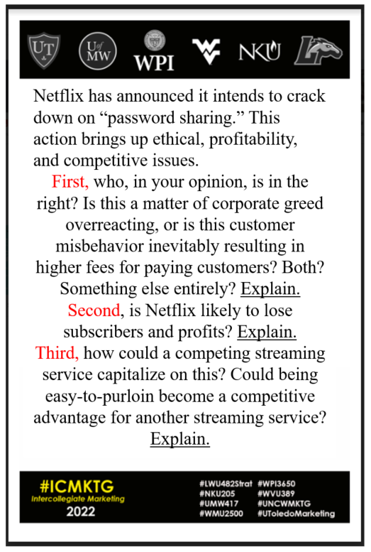 CopywriterBob's tweet image. The Week 8️⃣ #ICMKTG Question explores #Netflix's  announcement on so-called " #passwordsharing." Explain your answers. #WPI3650 #WVU389 #LWU482Strat #NKU205 #UMW417 #WMU2500 #UToledoMarketing #UNCWmktg For additional info, see this from the @TodayShow. youtu.be/sgDIZ9ZxlSc