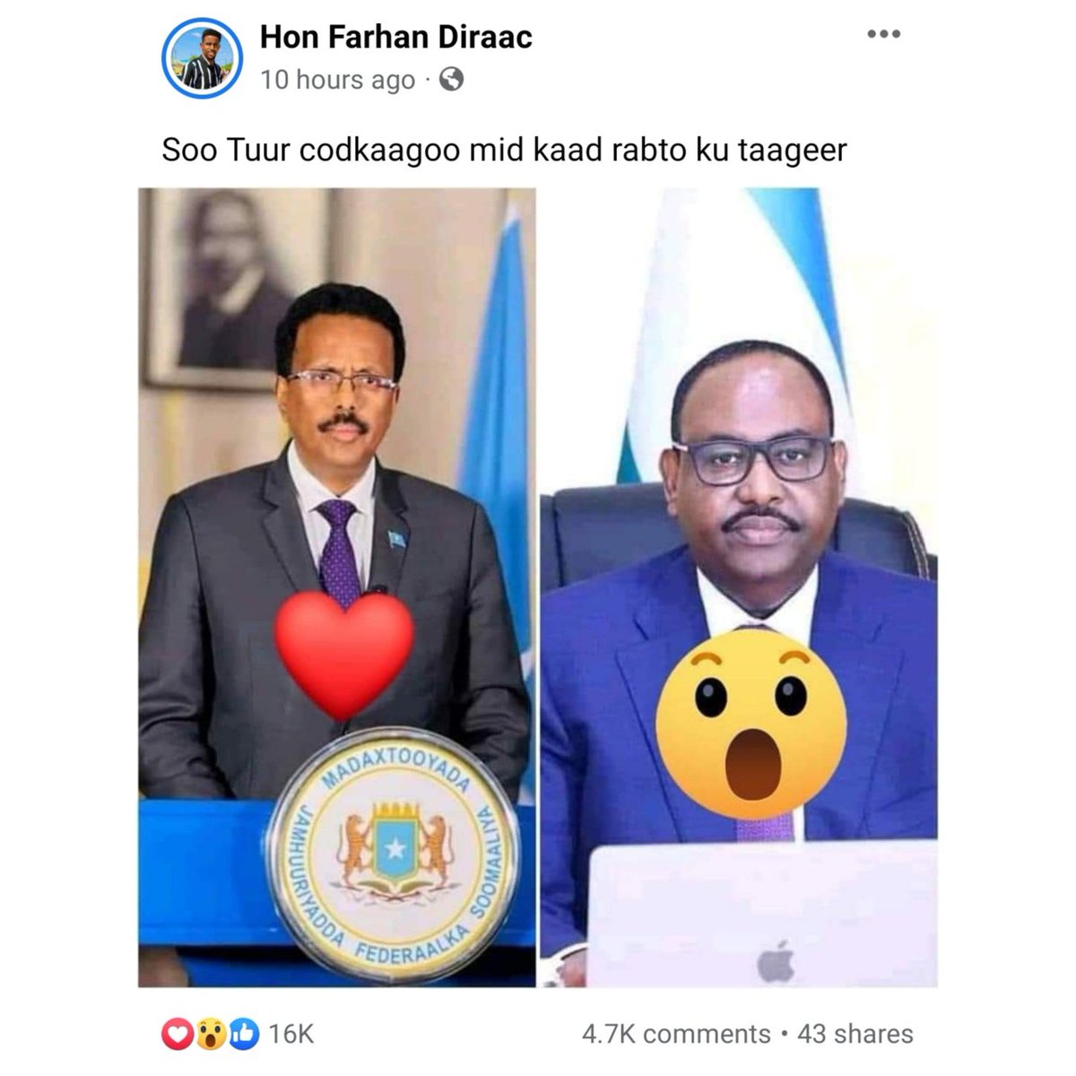 EngFafale's tweet photo. Loving your community is not a small thing, but you have to come up with the right characters for leadership. 

This poll was conducted by Farhan Dirac and voted 16k people, 12k people voted the president of the nation H.E @M_Farmaajo and 2k voted the president of Puntland. https://t.co/PxyWK7IiLW