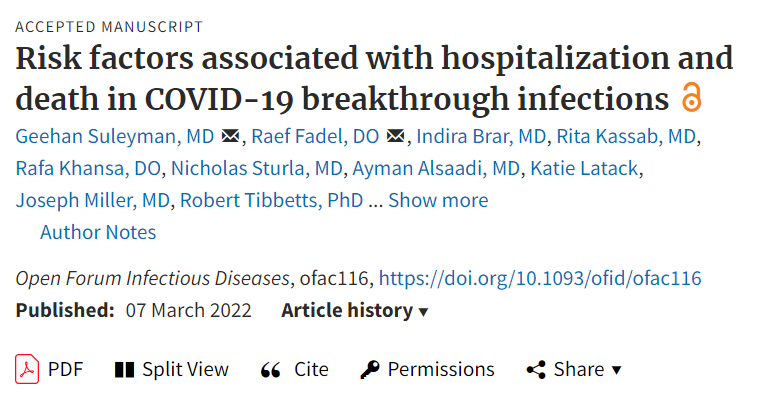 IDSAInfo's tweet photo. A retrospective case series in OFID describes breakthrough SARS-CoV-2 infections and highlights risk factors for disease progression among a diverse patient population. 

📄:https://t.co/tTPaondRxz #IDSAJournals #OpenForumInfectDis

@PaulSaxMD @DrJLi @FungalDoc @GeeSuleymanMD https://t.co/xx4dbzMkn7