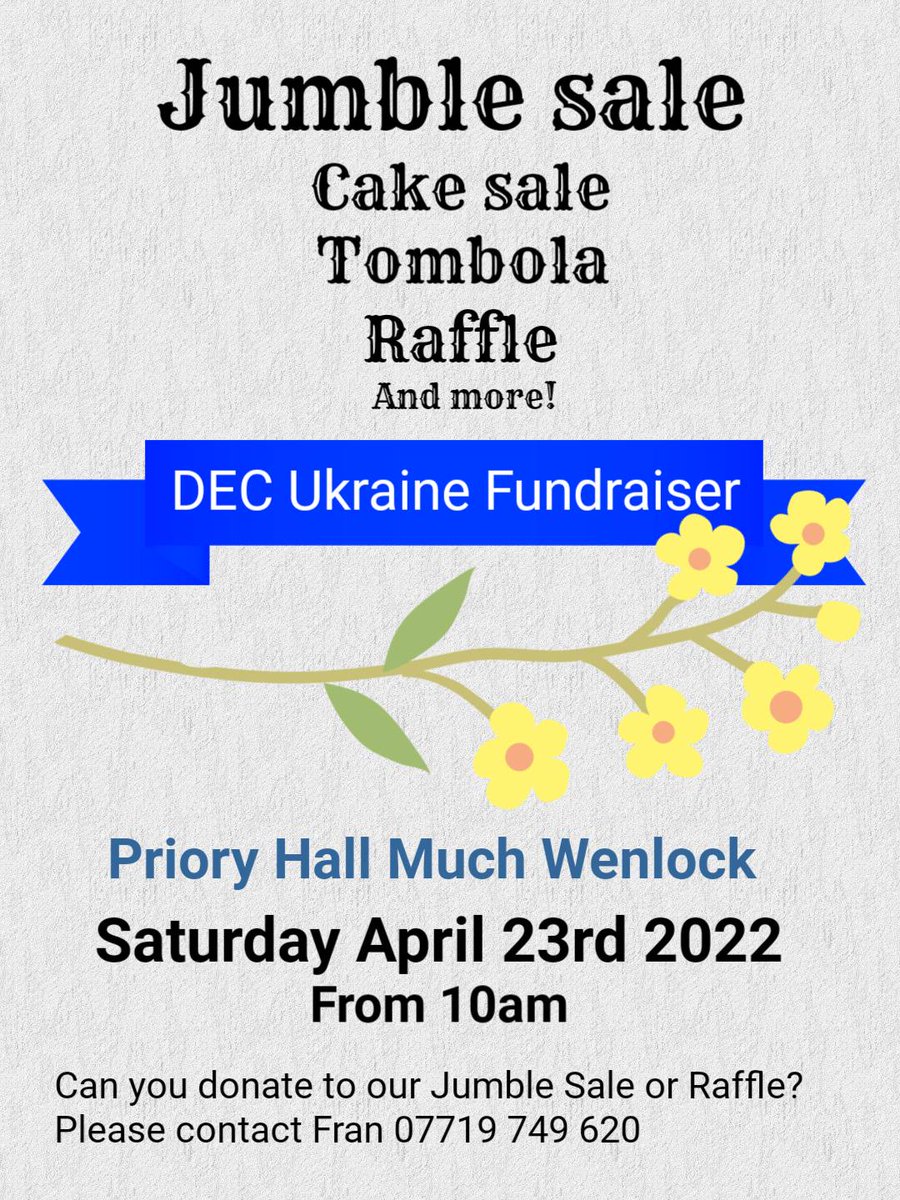 I'm organising a fundraiser for the DEC #Ukraine appeal in Much Wenlock (Priory Hall), close to Ironbridge in Shropshire.

If anyone can spare a cool raffle or tombola prize it would be hugely appreciated!

<a href="/wmarybeard/">mary beard</a> <a href="/ThePlummyBrummy/">PlummyBrummy</a> <a href="/susannah_writes/">Susannah Stapleton</a> <a href="/jimallthetime/">Jim Hawkins (he/him) 🧡</a>