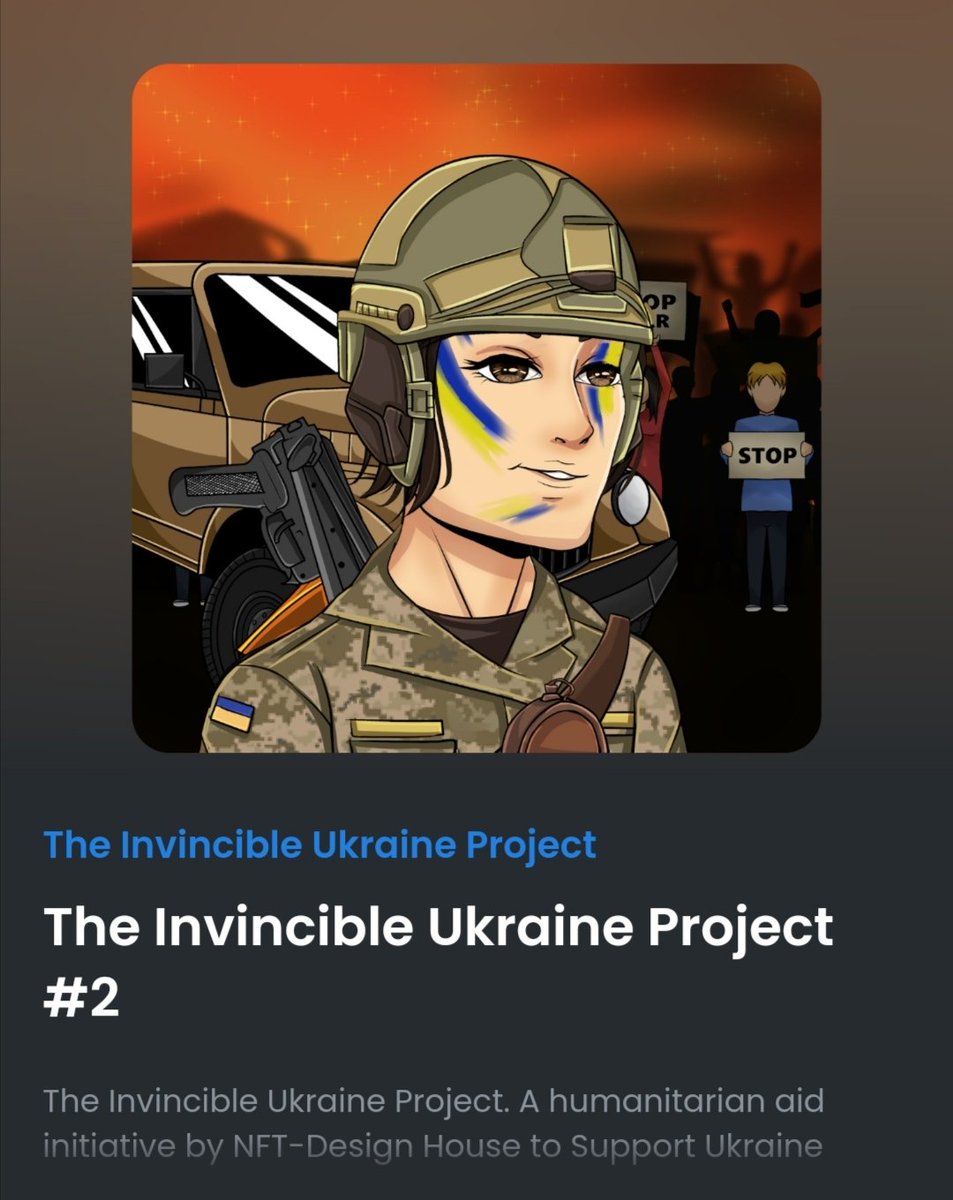 TheInvincibleUA's tweet photo. “The Invincible Ukraine Project” is now for sale on @opensea  🇺🇦
https://t.co/Aim2SRjjTK
The nft collection contains 8,000 unique NFTs with more than 250 traits. 
#SupportUkraine 
humanitarian aid initiative by @NFTDesignHouse #OpenSeaNFT https://t.co/e50ycgjhVe