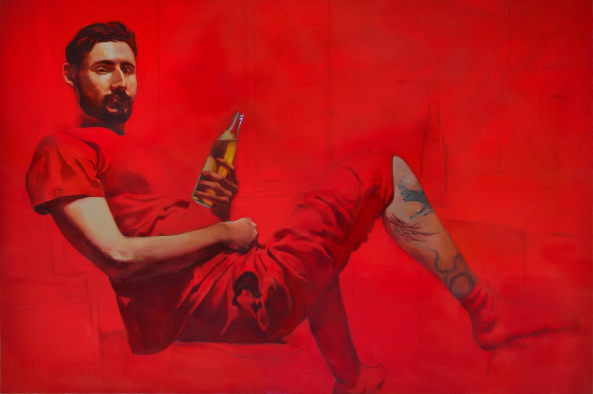 BobJonkers's tweet photo. Sven with his new tattoo - oil on canvas, 150x100cm 2021 https://t.co/pxRK7Dstck