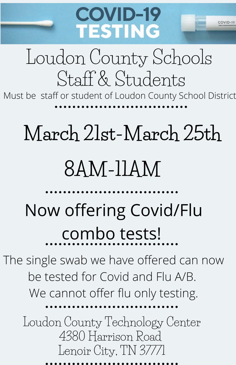 Covid/flu testing opportunities this week. You can also check with your school nurse.