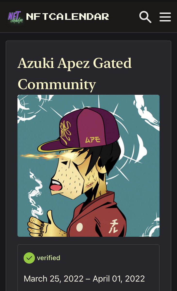 AzukiApez's tweet image. Check out our Verified listing on @nftcalendar Listing includes some exclusive sneak peak info to our project roadmap. #NFTs #Inspiration #BAYC #Azukizen #NFTCommunity