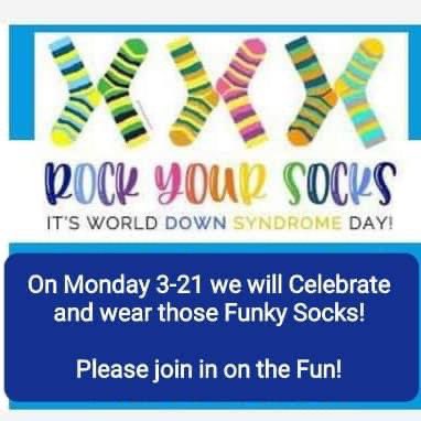 Tomorrow is Down Syndrome Awareness Day.  Let’s sport the Down Syndrome Awareness colors, yellow and blue, and/or wear our most colorful, mismatched socks. #oakerpride #choosetoinclude