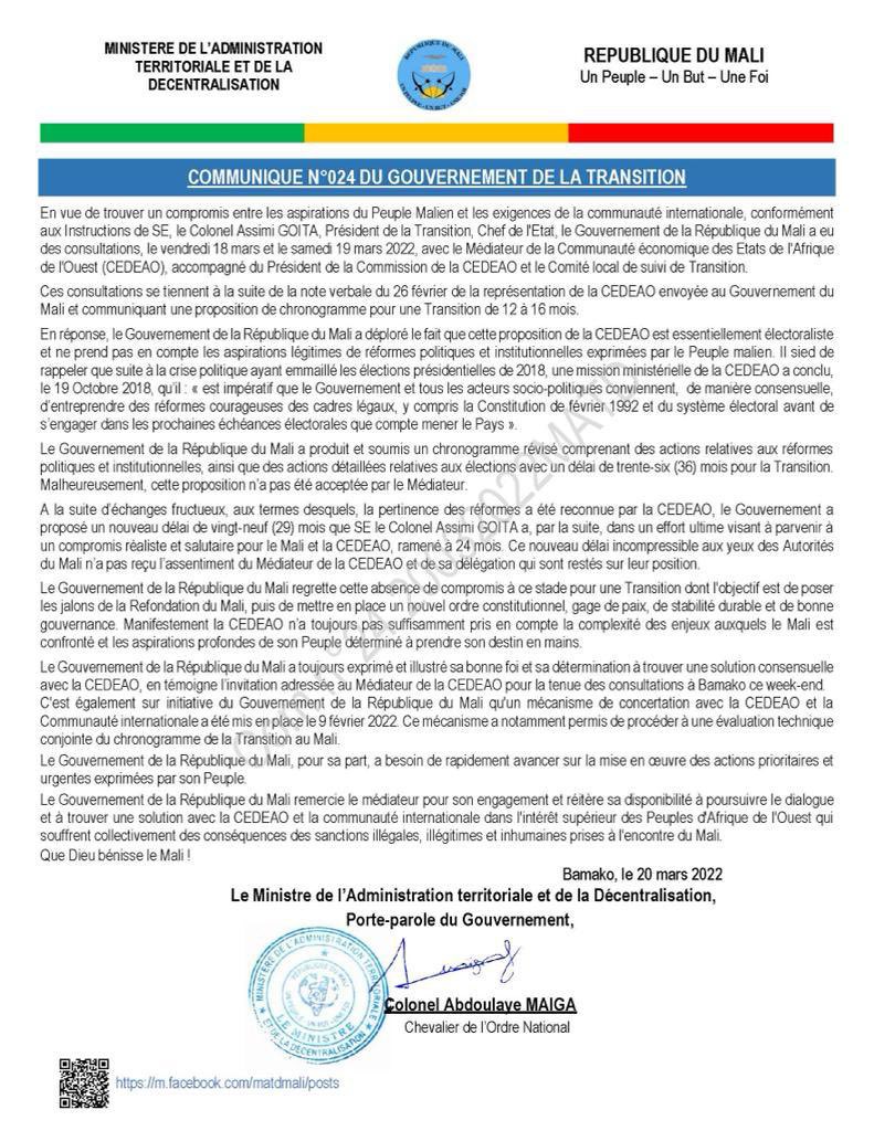 Suivez le communiqué du Gouvernement du Mali sur les efforts réalisés par le Mali pour trouver un consensus dans les négociations avec la CEDEAO sur le chronogramme de la Transition 👇🏿👇🏿👇🏿