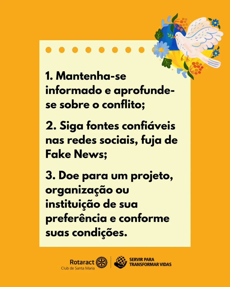 rotaractsma's tweet photo. nesse post algumas dicas de como é possível colaborar com as vítimas. 📝 
🌎 Ainda, um Rotaract clube compartilhou conosco sua "Vakinha", para doações do projeto "Ajude a Juventude Ucraniana", que visa levantar fundos de emergência a fim de auxiliar as famílias prejudicadas pelo+ https://t.co/Om50I3xEEh