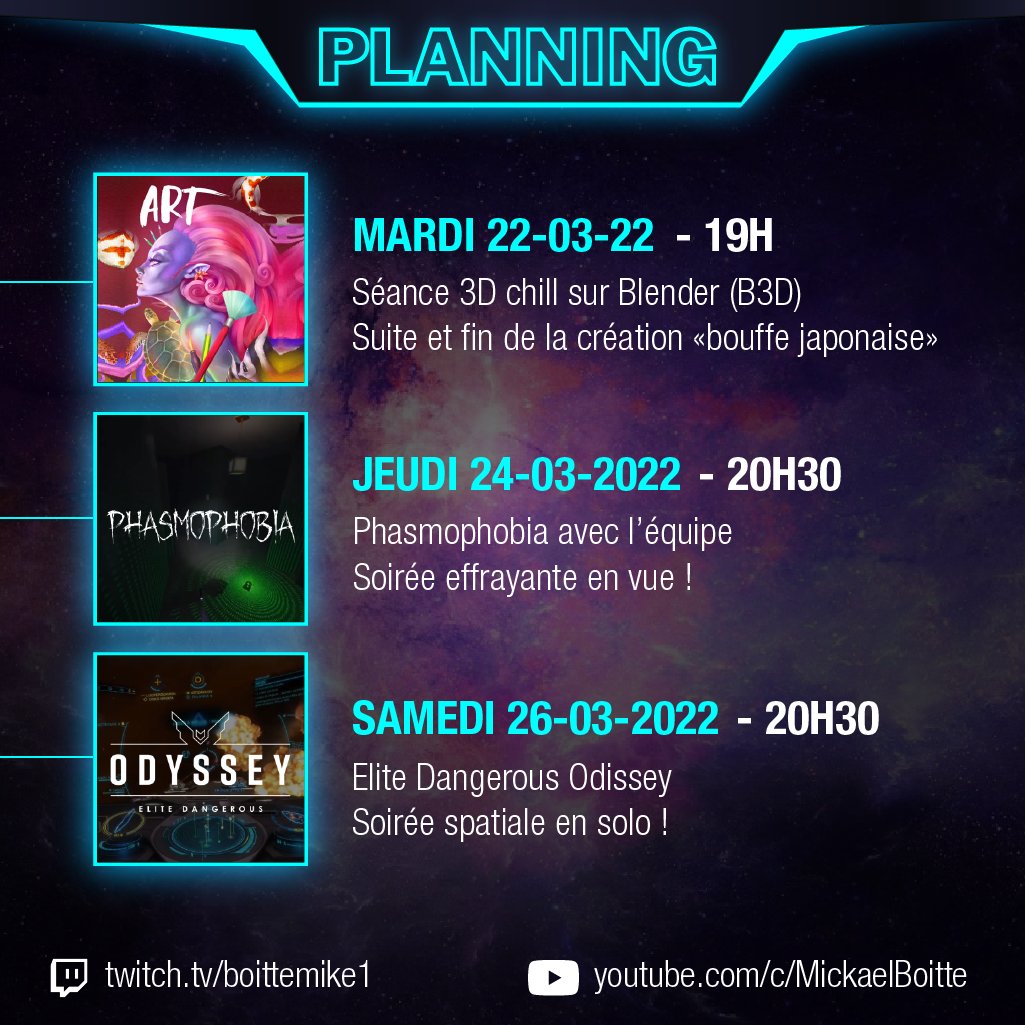 Mickael_Boitte's tweet photo. Et voila le planning #twitch de la semaine :)

☑ https://t.co/tqQefsm112
☑ https://t.co/KL9TX6ldi1

#streaming #streamfr #twitchstream #petitstreamer #twitchstreamer #live #gaming #3D #modelisation3d #art https://t.co/RqCB2q8psM