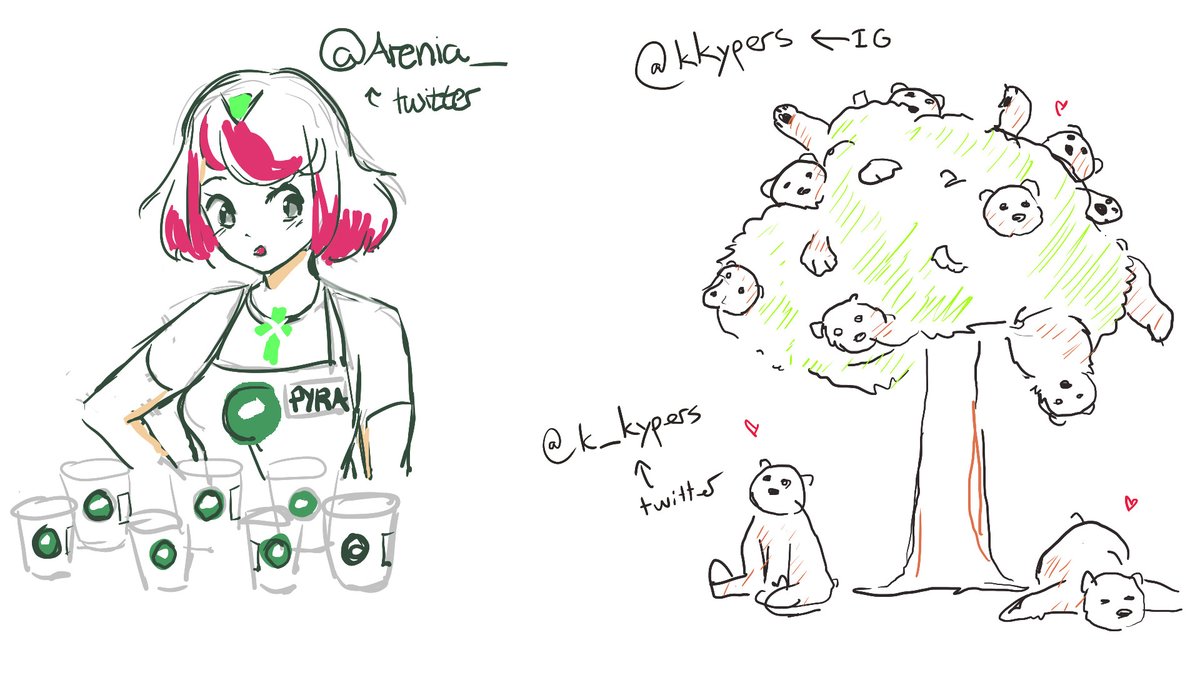 AnimSolidarity's tweet photo. Artists @Arenia_ and @k_kypers kikcing things off by drawing in support of trans youth:

https://t.co/sQArBEYQHq #AnimatedSolidarity

Prompts:
Glass
Artists Choice
Pyra from Xenoblade 2 but a barista.
A tree BEAR-ing fruit (bear as in bears, so a tree with bears for fruit) https://t.co/biQeNxIfUU