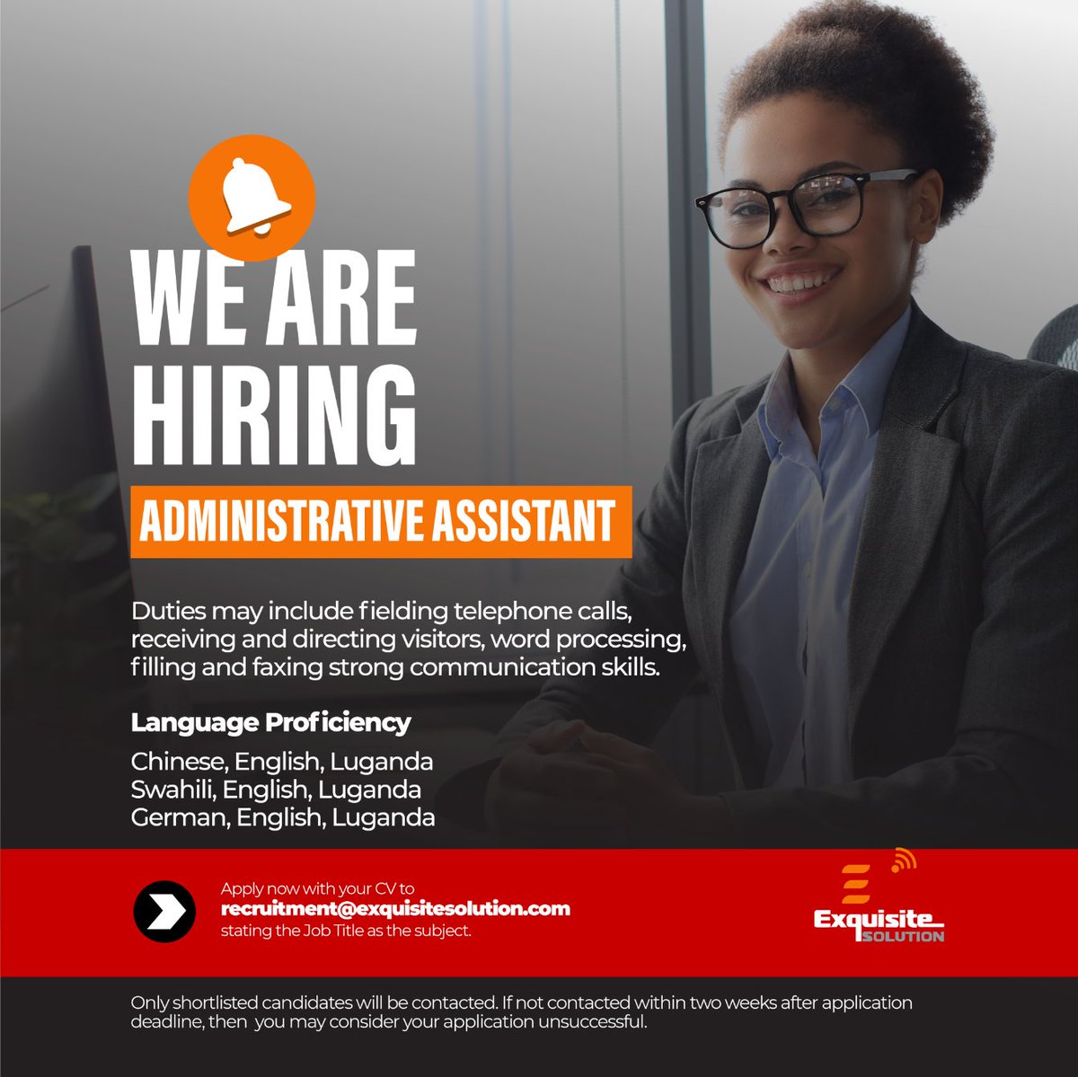 exquisiteuganda's tweet photo. Our client looking for an Administrative Assistant who will be responsible in performing administrative and office support activities for multiple supervisors. #jobs #hiring #exquisitesolution
Click for full job description: https://t.co/kPMxuZaJmv https://t.co/kAmnJijOlo