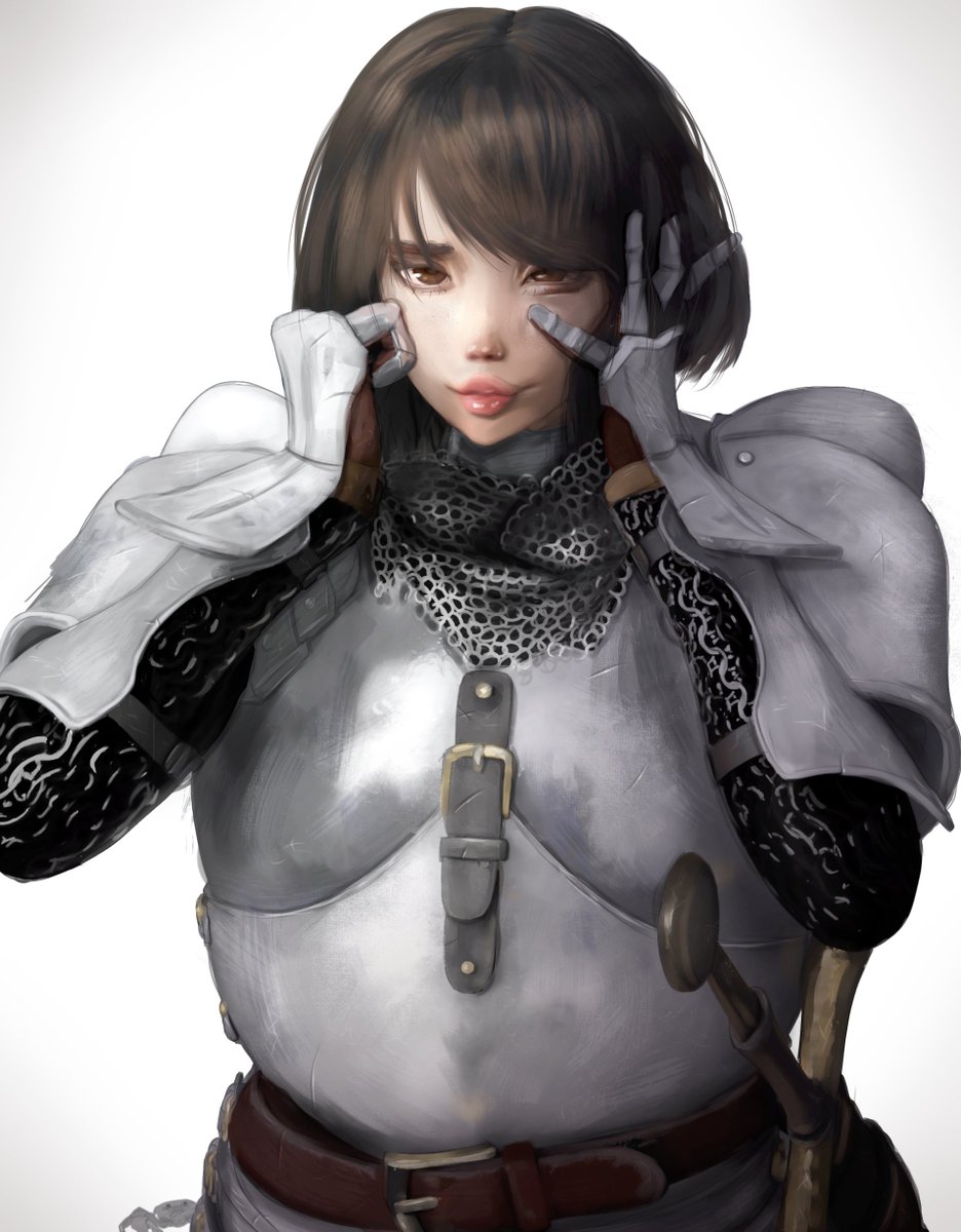 1girl chainmail solo armor hands on own face belt shoulder armor  illustration images