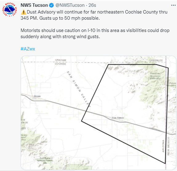 CCFirenIncident's tweet image. 1450:#NWSTucson:#DustAdvisory will continue for far northeastern #CochiseCounty thru 345 PM. Gusts up to 50 mph possible.   Motorists should use caution on I-10 in this area as visibilities could drop suddenly along with strong wind gusts.  facebook.com/groups/Cochise…