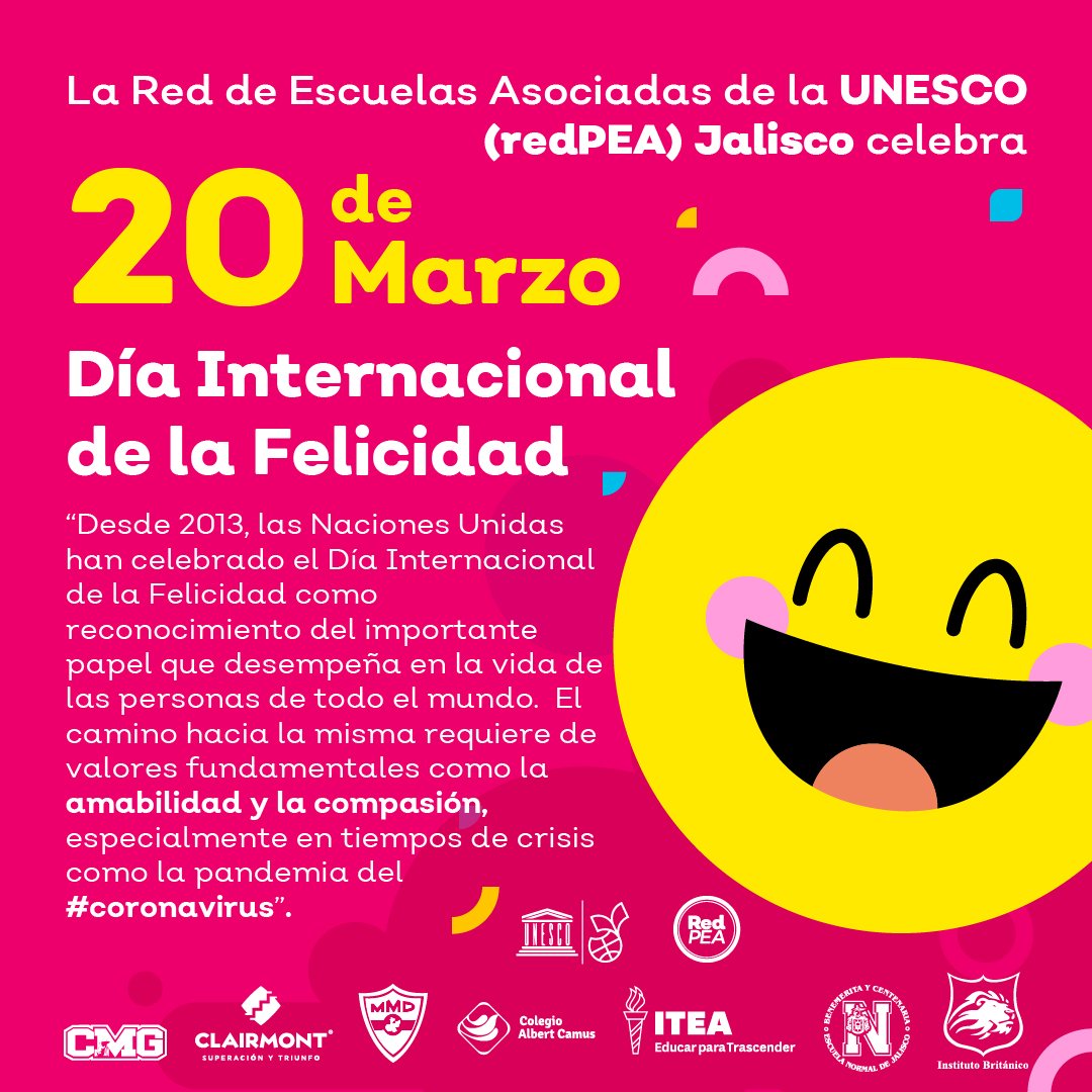 EDU_ITEA's tweet photo. @UNESCOMexico  Día Internacional de la felicidad 

#itea #iteaedu #soyitea #educación #colegio #kínder #primaria #secundaria #prepa #zapopan #zapopanjalisco #guadalajara #guadalajarajalisco #tlaquepaque #tlaquepaquejalisco #zmg https://t.co/c6Q0vufJZZ