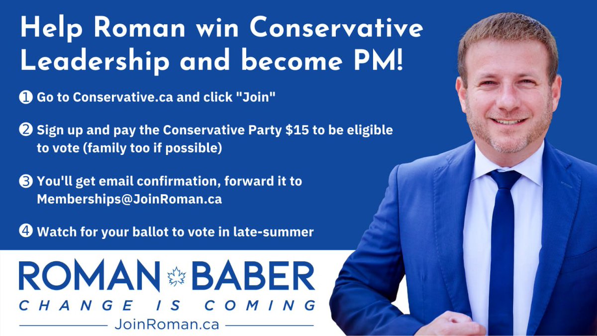 Roman_Baber's tweet photo. I stood up for Canadians when it wasn't popular and I will always stand up for Canadians.

Please take 5 minutes to help me become leader of the Conservative Party of Canada, by following these few simple steps. Thank you so very much. #cdnpoli #cpcldr https://t.co/WyREAgKfzM