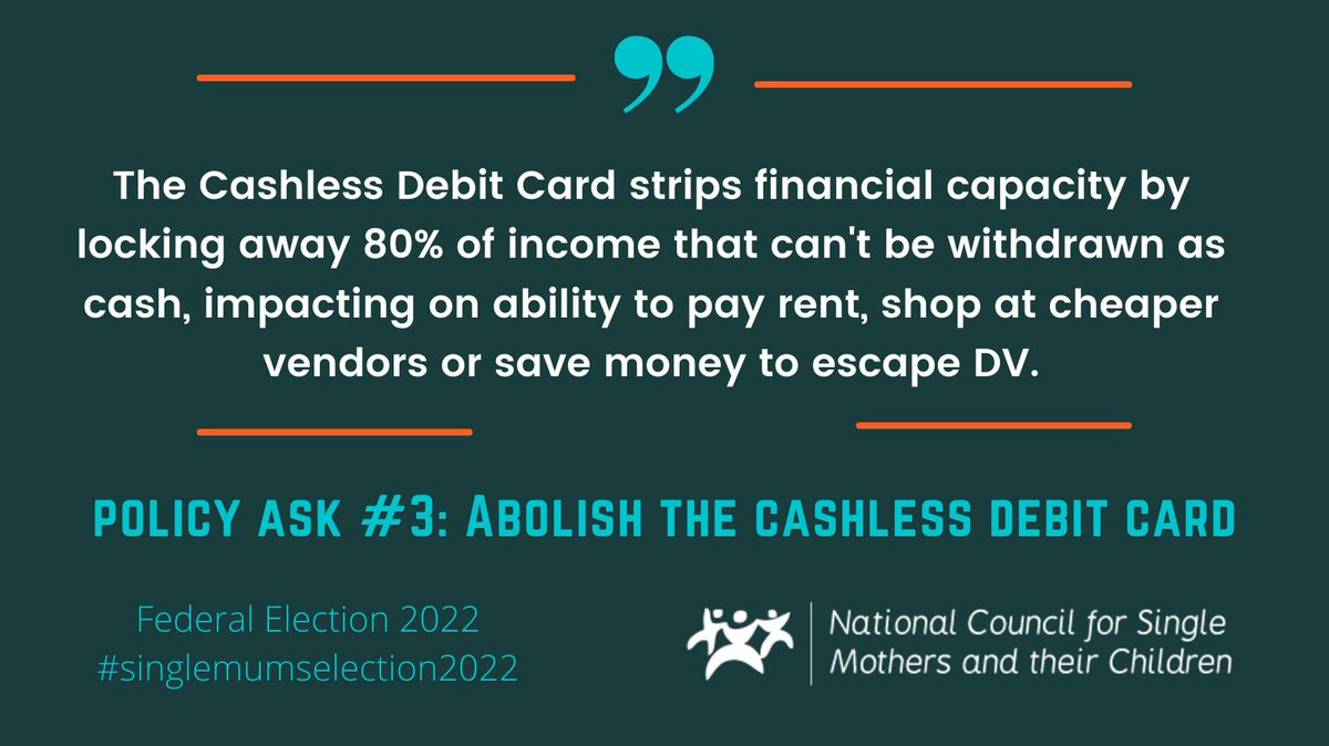 terese_smfa's tweet photo. Our third policy ask is to abolish the cashless debit card.  With no evidence of effectiveness in reducing alcohol/drug consumption or gambling, for many involuntarily on the card these are not issues they need support with anyway. @thesayno7 @lukehgomes  #singlemumselection2022 https://t.co/Jv1qxJ9IvF