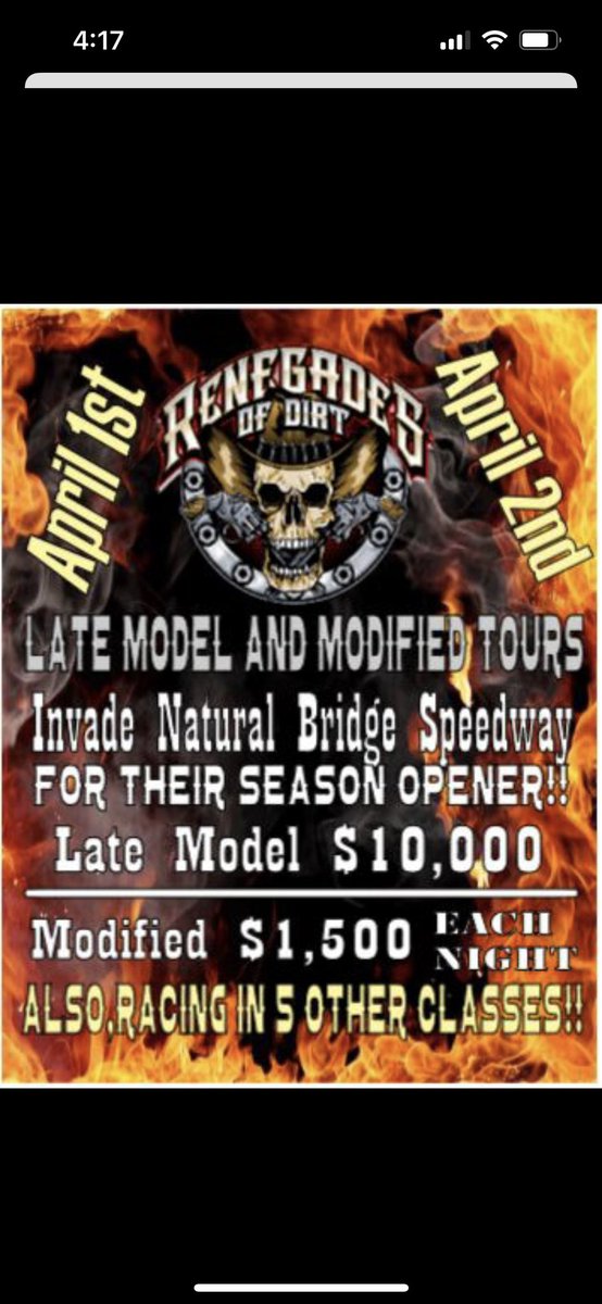 April 1st and 2nd modifieds  and $10,000 to win super late model race April 2nd