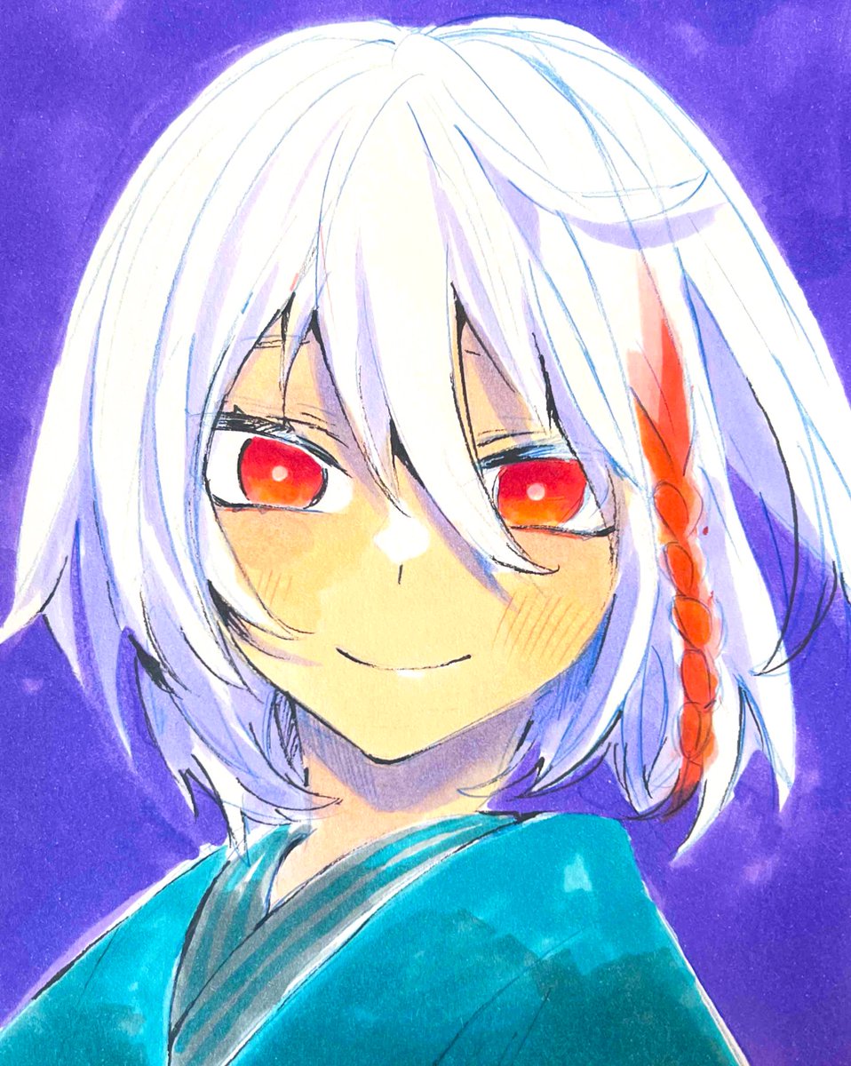 solo smile red eyes japanese clothes white hair looking at viewer kimono  illustration images