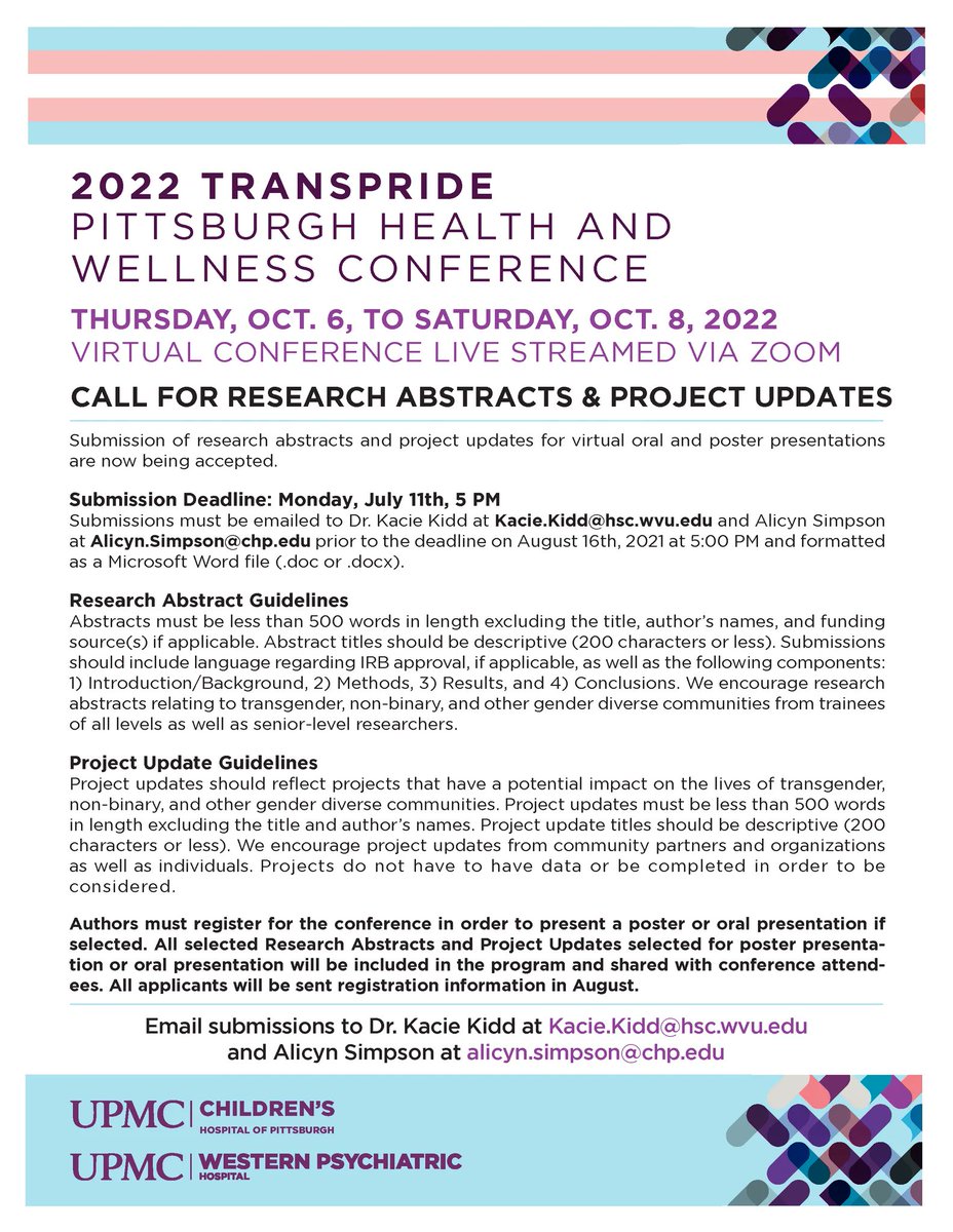 TransPrideCon's tweet photo. CALL FOR RESEARCH ABSTRACTS &amp; PROJECT UPDATES

THURSDAY, OCT. 6, TO SATURDAY, OCT. 8, 2022
VIRTUAL CONFERENCE LIVE STREAMED VIA ZOOM

Submission of research abstracts/ project updates for virtual oral/ poster presentations are now being accepted.
Submission Deadline: July 11 5PM https://t.co/MY25ePFJ8h