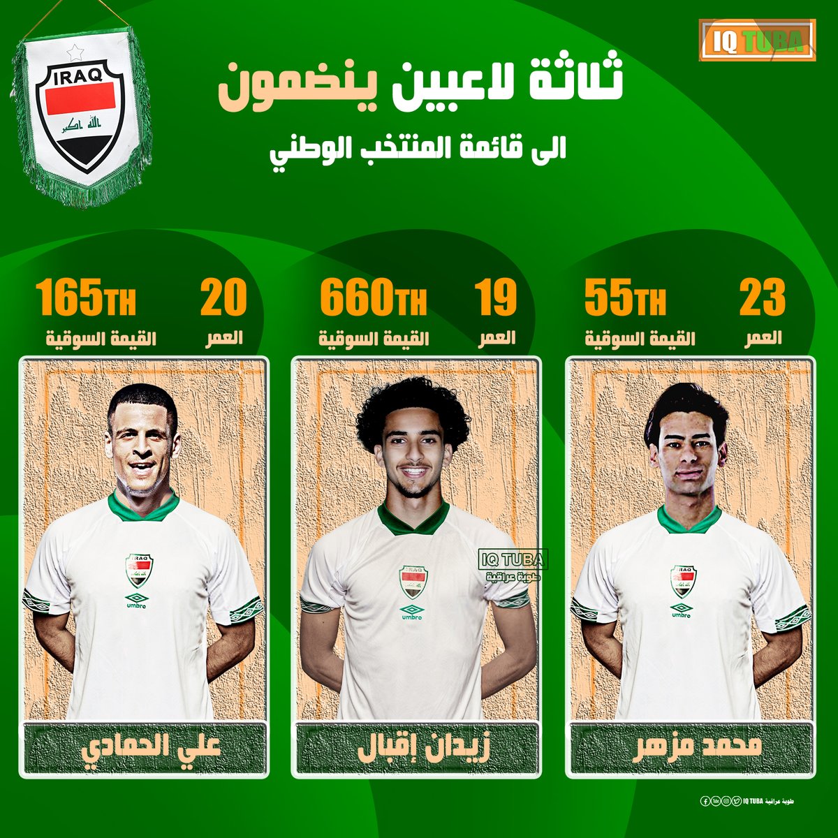 وصل اليوم اللاعبان #زيدان_إقبال و #علي_الحمادي في ساعات متأخره إلى مطار بغداد للانضمام إلى تدريبات المنتخب الوطني. كما سينضم #محمد_مزهر كبديل عن #حسن_داخل ، لاعتذاره بسبب ظروف عائلية.