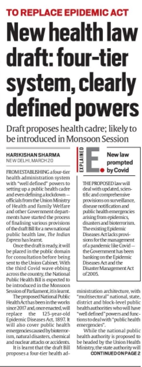 Draft National Public Health Bill proposes
👉 4 tier public #health administration- national, state, district &amp; block
👉 Public Health Cadre at National &amp; State levels
👉Creation of National #publichealth Authority headed by MOHFW
@epigiri <a href="/DrLahariya/">Chandrakant Lahariya</a> <a href="/ShamikaRavi/">Prof. Shamika Ravi</a> <a href="/sujakrao/">healthiswealth</a>