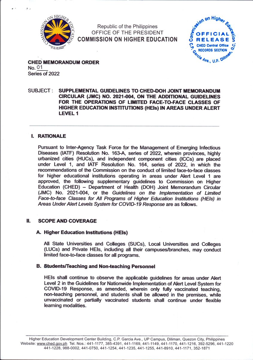 chedphofficial's tweet photo. 📄 CHED Memorandum Order No. 01, Series of 2022 📄
Supplemental Guidelines to CHED-DOH JMC No. 2021-004, on the Additional Guidelines for the Operations of Limited Face-to-Face Classes of HEIs in Areas Under Alert Level 1

Download the full CMO here: https://t.co/hoz3Ad6MP5 https://t.co/ygA7ikwunG