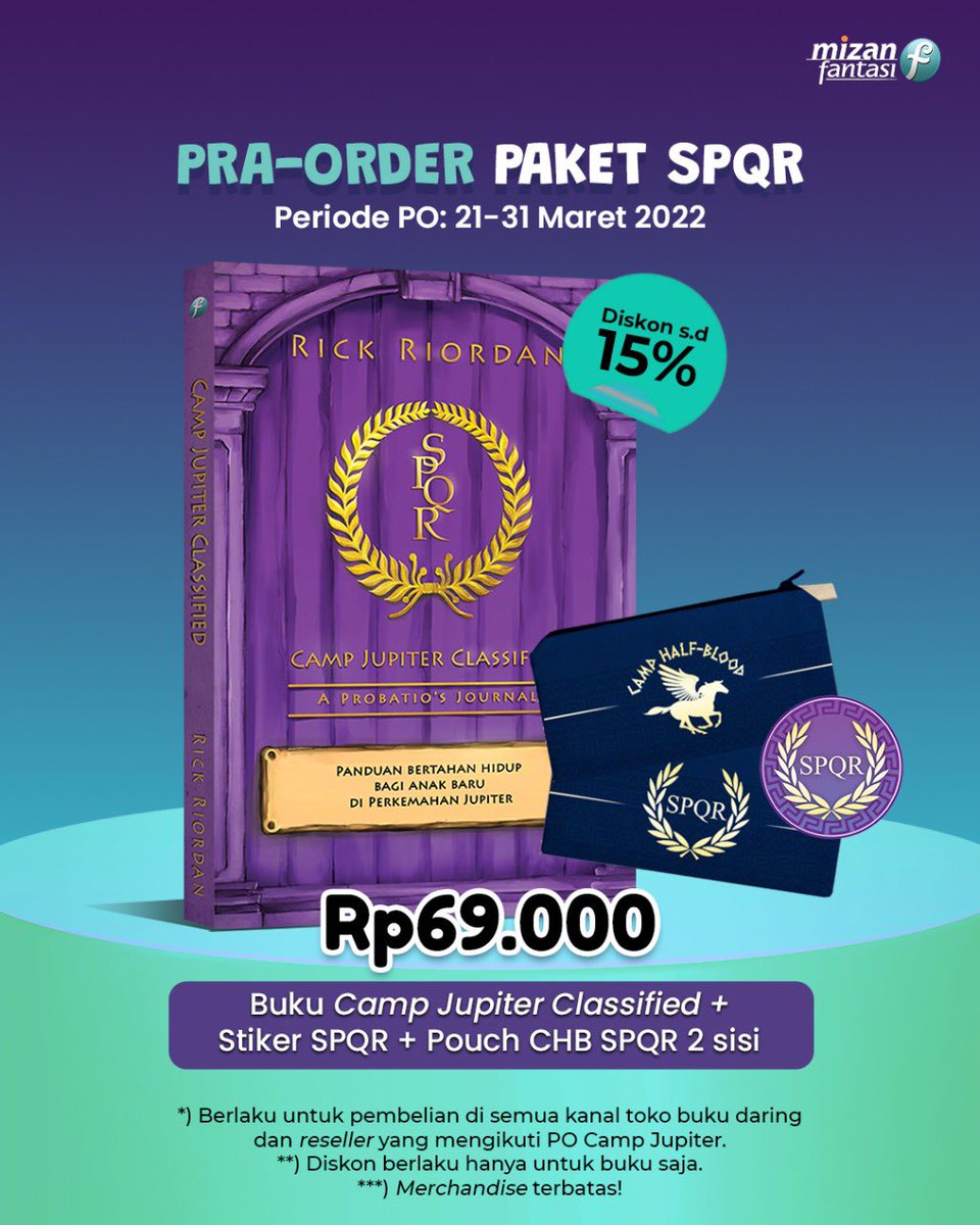 MizanFantasi's tweet photo. ORDER SEKARANG JUGA! MinBin bertitah.
Pilihan kamu cuma 2: lengkapi koleksi atau bisa beli langsung 4 buku suplemen dengan diskon mantap!
Jangan lupa pamer! Itu diwajibkan kalau kalian beli buku terbitan aku!
#CampJupiterClassified
#MizanFantasi
#MinBin
#PraOrder
#RickRiordan https://t.co/6O5qdEOSg2