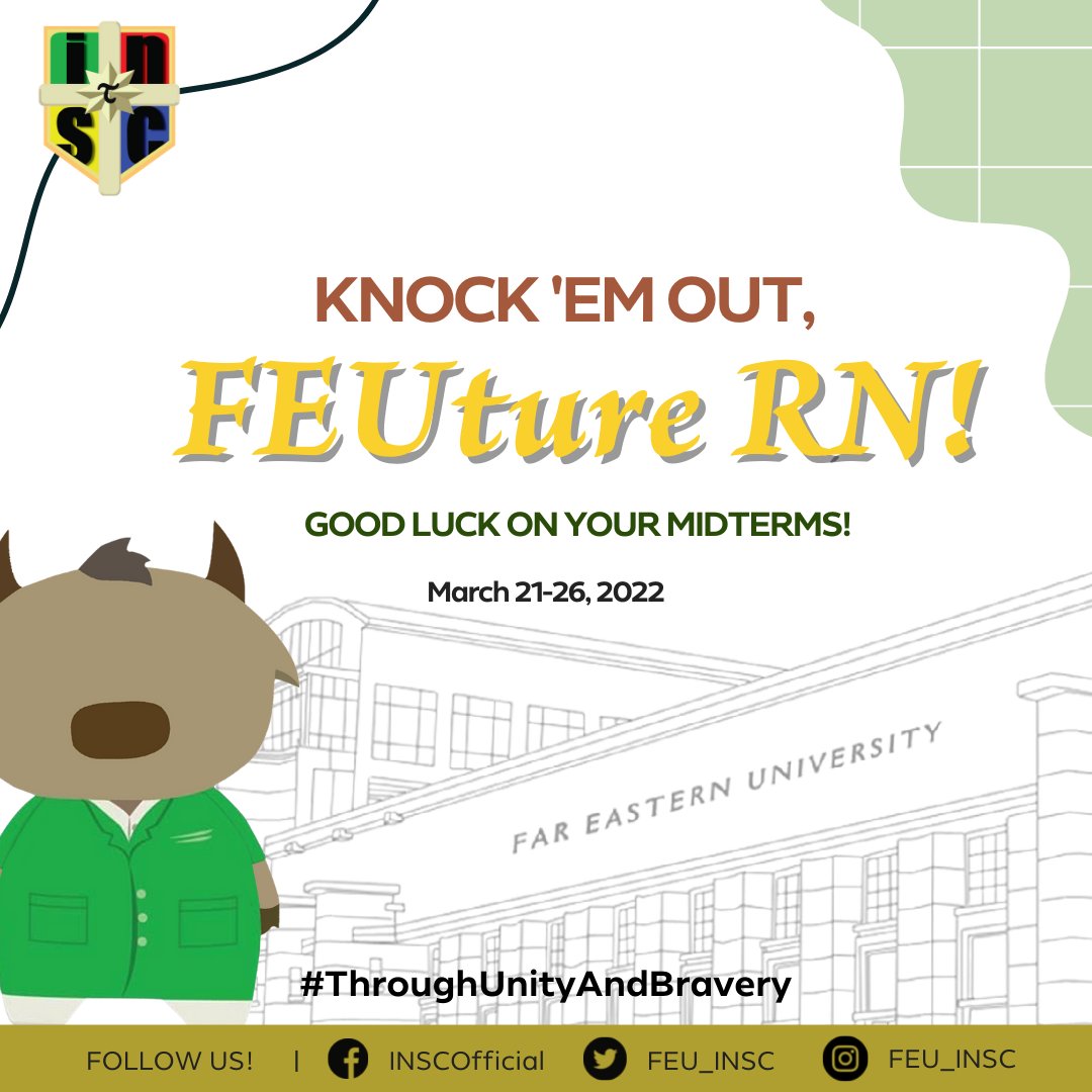OfficialNurSoc's tweet photo. Midterm exams are just around the corner! 

As what Nelson Mandela has said, “It always seems impossible until it’s done.” 

May you exhibit our university’s core values of fortitude, excellence, and uprightness! Break a leg, student nurses!

#ThroughUnityAndBravery https://t.co/F07cFikL1h