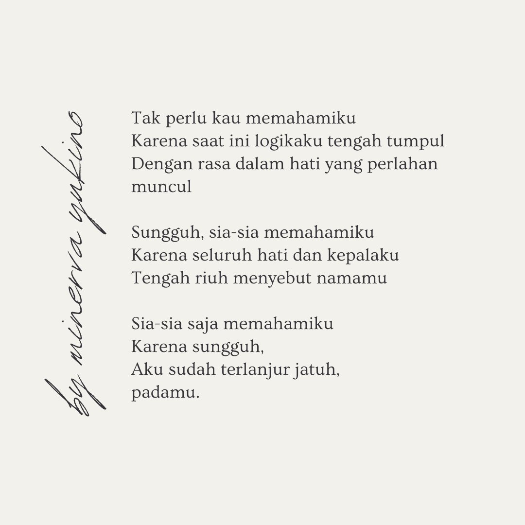 — Perihal memahamiku.
#HariRangkaiPuisiSedunia
ㅤ
032122, Minerva Yukino.
ㅤ
t. <a href="/RANGKAlPROJECT/">Serangkai Kata Project</a>