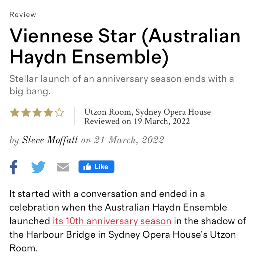 LIMELIGHT review just in - 4 Stars!

" Mozart’s ‘Dissonance’ quartet, No 19, K465, with its famously ominous opening which still manages to surprise even today’s audiences, was given a top-notch performance "

 @skyebrite   @limelightartsau