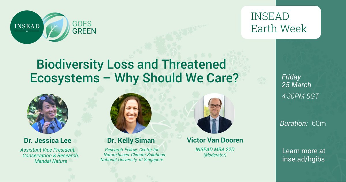 NUSCNCS's tweet image. Join @Kelly_Siman for @INSEAD_HGIBS's very first cross-campus Earth Week from 21st to 25th March! Find out more about the inspiring resilience of biodiversity discovered through solutions, research and initiatives across the region 👩🏽‍🔬🌳✨

Details here 👉🏾 insead.edu/centres/the-ho…