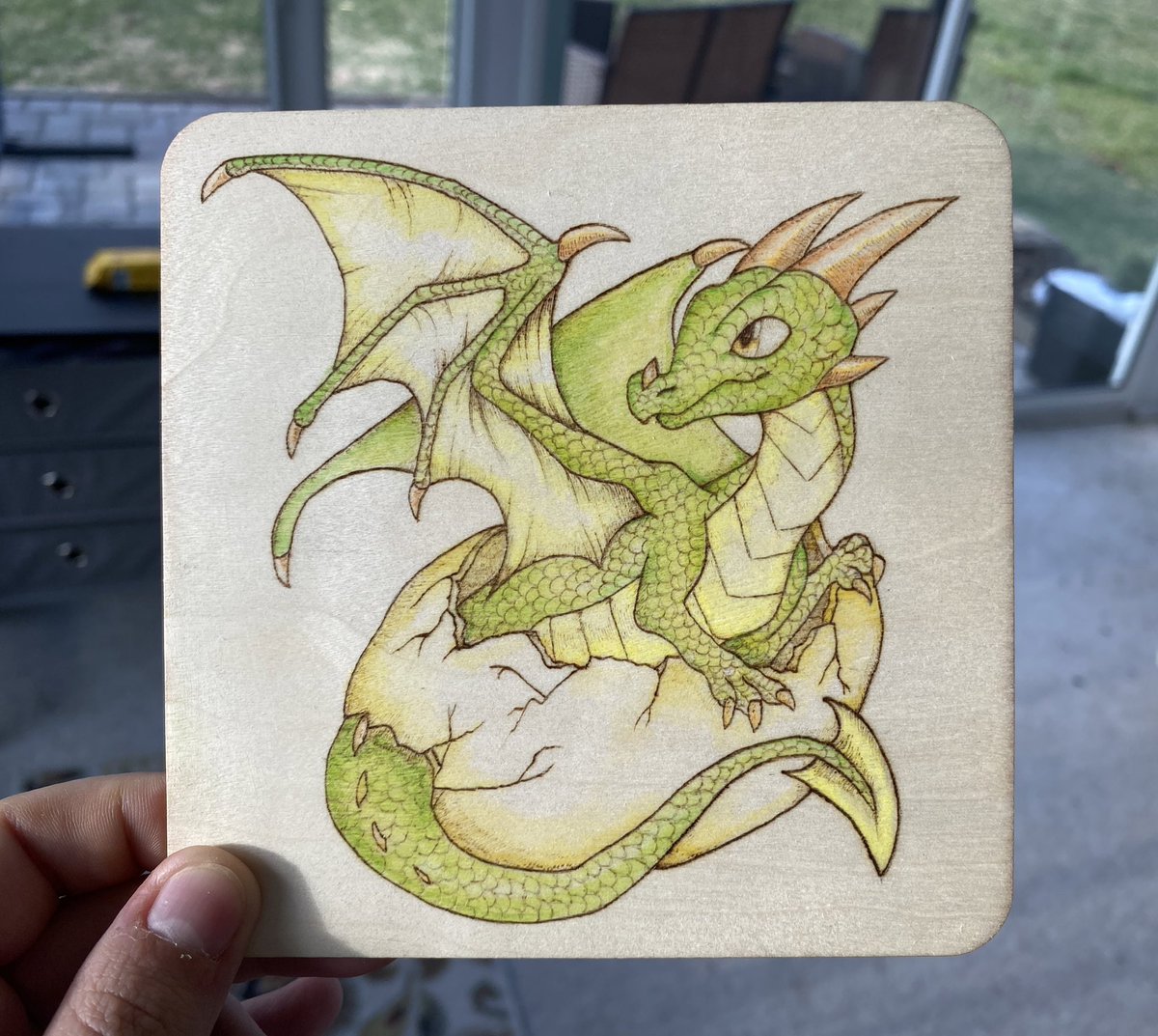 First piece utilizing watercolor and wood burning! #pyrography #fantasyart #babydragon #dragon #dragonart #traditionalart #watercolor