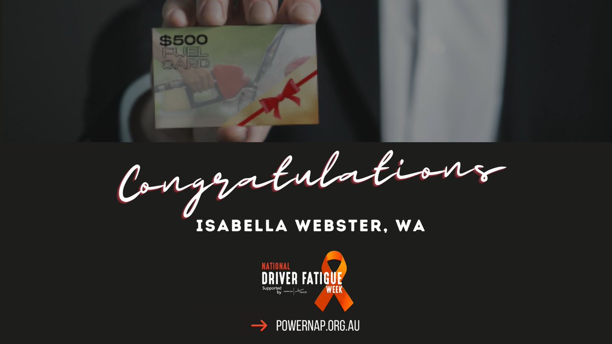 driverfatigue's tweet image. Congratulations!
👉 Isabella Webster, WA 
Winner of the $500 ⛽ Fuel Card 

Thank you everyone that took the quiz.
&amp;gt; powernap.org.au

#powernap #driverfatigue #driverfatigueweek