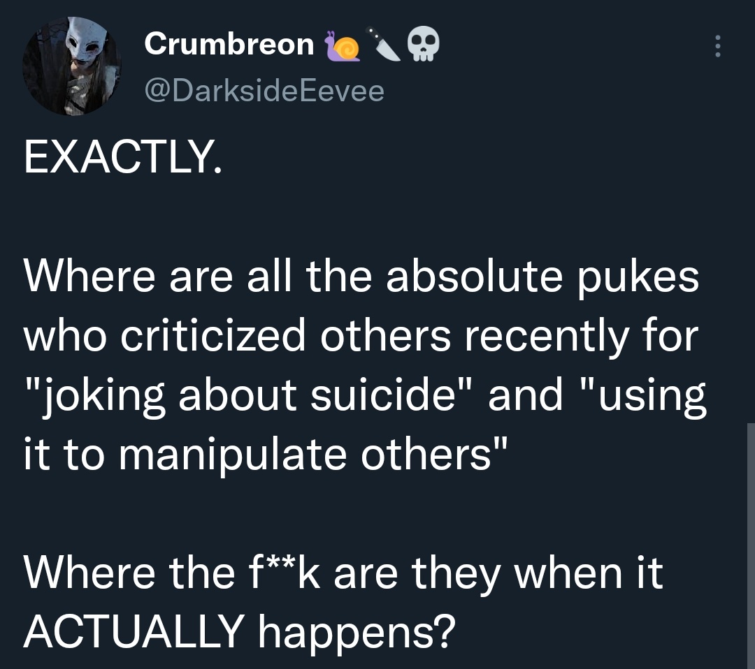 BewarePredators's tweet photo. Yeah, who'd manipulate people with suicide threats? 

Oh wait. Samantha Flynn has, multiple times now. Glad she's ok, not surprised she showed up for the stream. Always finding ways to make it about her, isn't she? https://t.co/Lej7dGwd0k