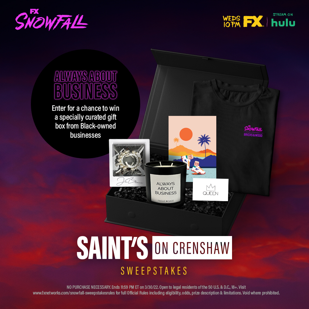 SnowfallFX's tweet photo. Want a chance to win a giftbox from South LA’s hottest Black-owned businesses who are Always About Business? Retweet this post &amp; tag #SnowfallFXSweepstakes to enter. #SnowfallFX #StreamOnHulu No Purch Nec. Ends3/30/22. 50 US/DC, 18+ only. 
Odds/Rules: https://t.co/sg6qlOOrW4 https://t.co/4MZWsONxkm