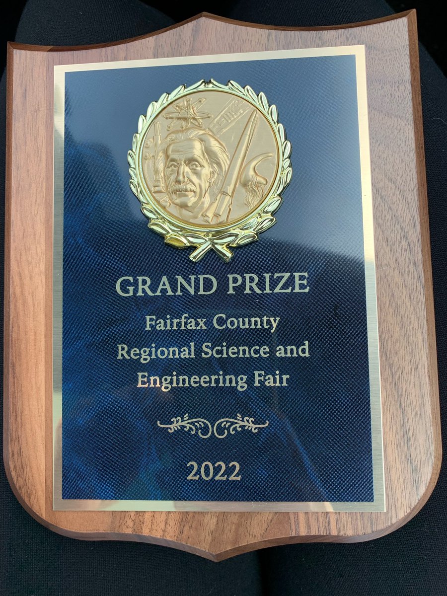 So Proud of my son Ben and teammate Sam for winning 1st place in Fairfax Country Regional Science Fair category of Energy: Sustainable Materials and Designs. They also won 1 of 10 Grand Prizes to compete at <a href="/Society4Science/">Society for Science</a> Regeneron International Science and Engineering Fair!