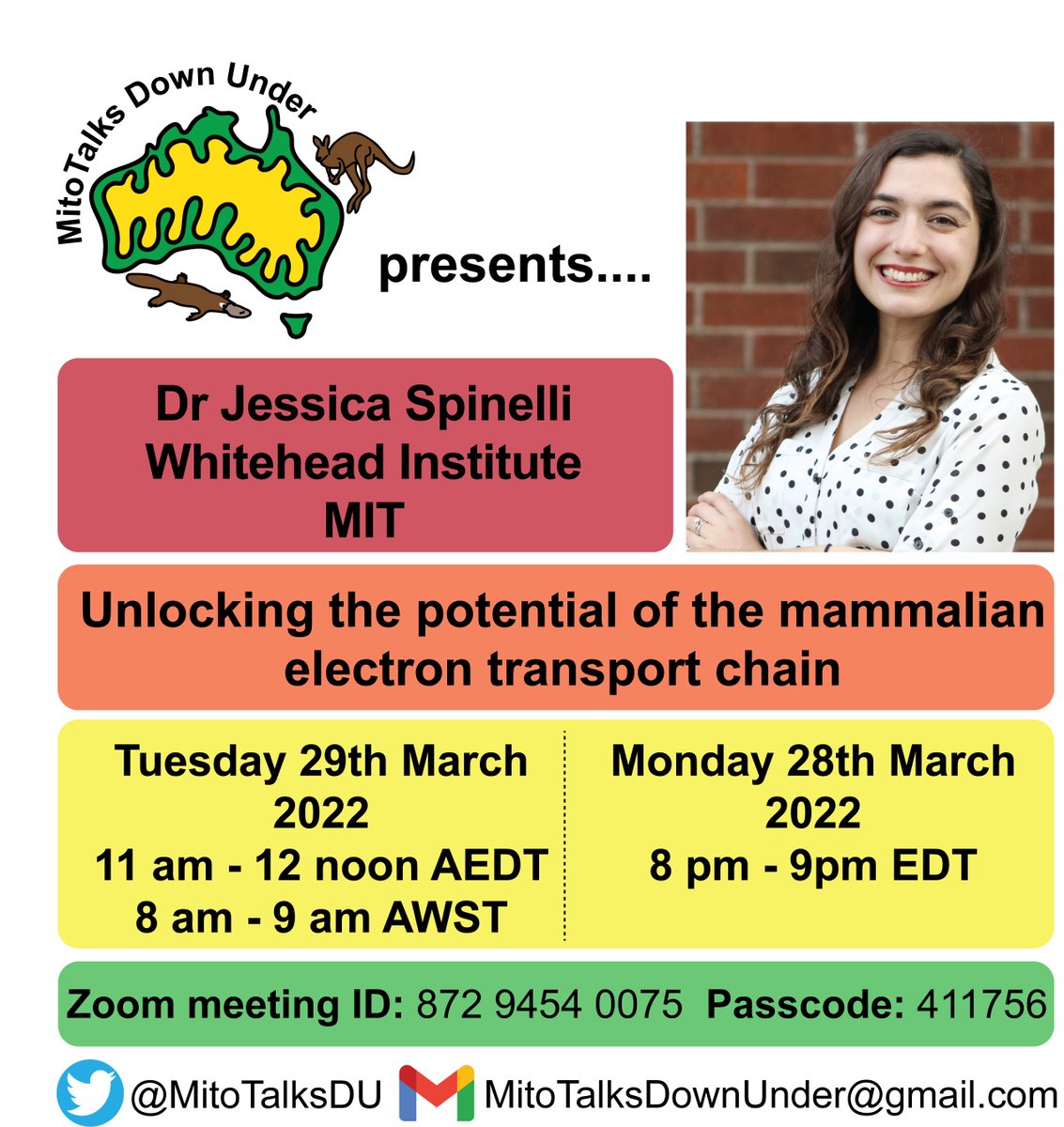 MitoTalks Down Under (@mitotalksdu) on Twitter photo We are back for another year of MitoTalks Down Under! We are excited to announce <a href="/JessicaSpinel16/">Jessica Spinelli</a> from the <a href="/WhiteheadInst/">Whitehead Institute</a> will kick things off by showing us the untapped potential of the electron transport chain! Join us Tues 29th of March at 11 am AEDT to hear all about it! We are back for another year of MitoTalks Down Under! We are excited to announce <a href="/JessicaSpinel16/">Jessica Spinelli</a> from the <a href="/WhiteheadInst/">Whitehead Institute</a> will kick things off by showing us the untapped potential of the electron transport chain! Join us Tues 29th of March at 11 am AEDT to hear all about it!