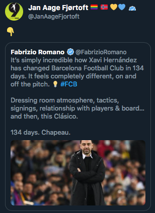 BarcaUniversal's tweet photo. Jan Aage Fjortoft also quotes this tweet praising Xavi. https://t.co/pQlM4QeLgW