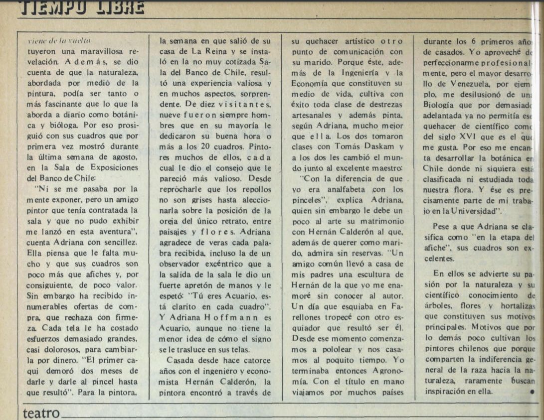 Recién estaba leyendo la revista Paula en <a href="/MemoriaChilena/">Memoria Chilena</a> y encontré en el número 149, de 1973, este artículo sobre Adriana Hoffmann y su exploración de la pintura. En agosto de ese año incluso hizo una muestra. Por supuesto la naturaleza fue su inspiración 🌱🌿