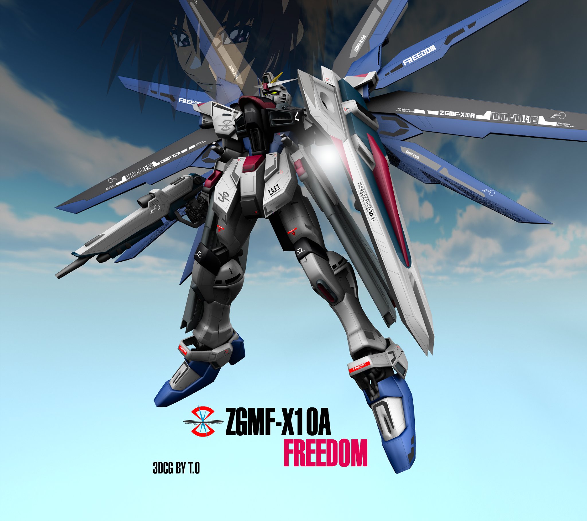 ともだちは頭文字t 昔作ったフリーダムの3dcg キラの顔はflashで描きました 背景は大きな球体に空のテクスチャを貼って奥行きを出しています ガンダムseed フリーダムガンダム Zgmfx10a Gundamseeddestiny Gundamseed フリーダム キラヤマト