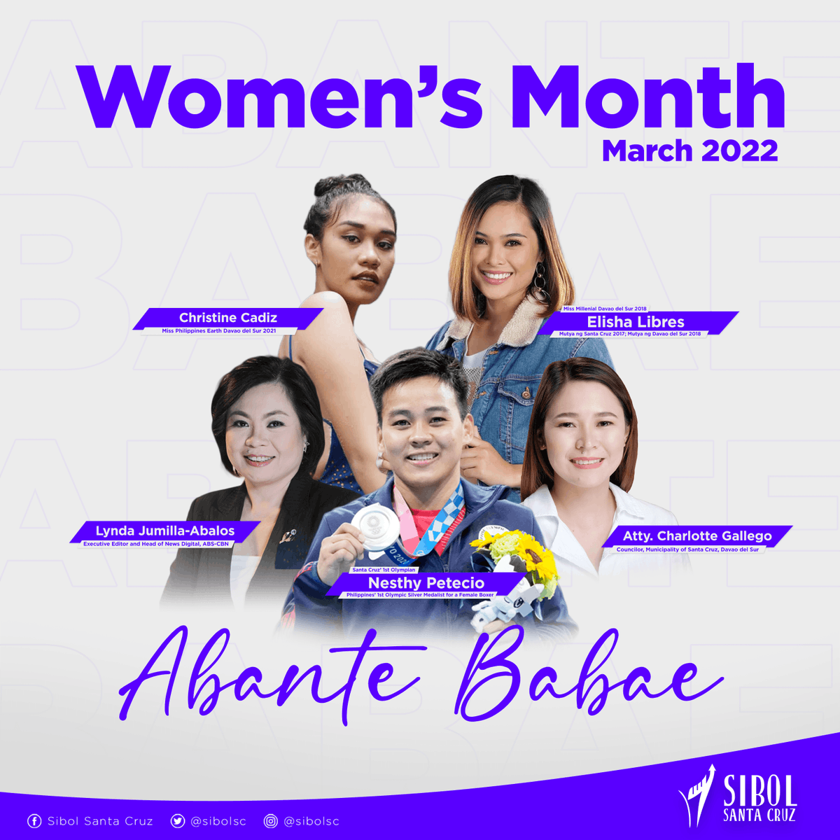 sibolsc's tweet photo. Atleta. Peryodista. Rayna. Lider. Babaye. ✨

Babayeng Santa Cruzian, bisan unsa, binsan asa, angat ka. Babaye, dili babaye lang! 

Malipayong pagsaulog sa bulan sa mga babaye! 💜

#SibolSC🌱 https://t.co/2SuMbtxQ61