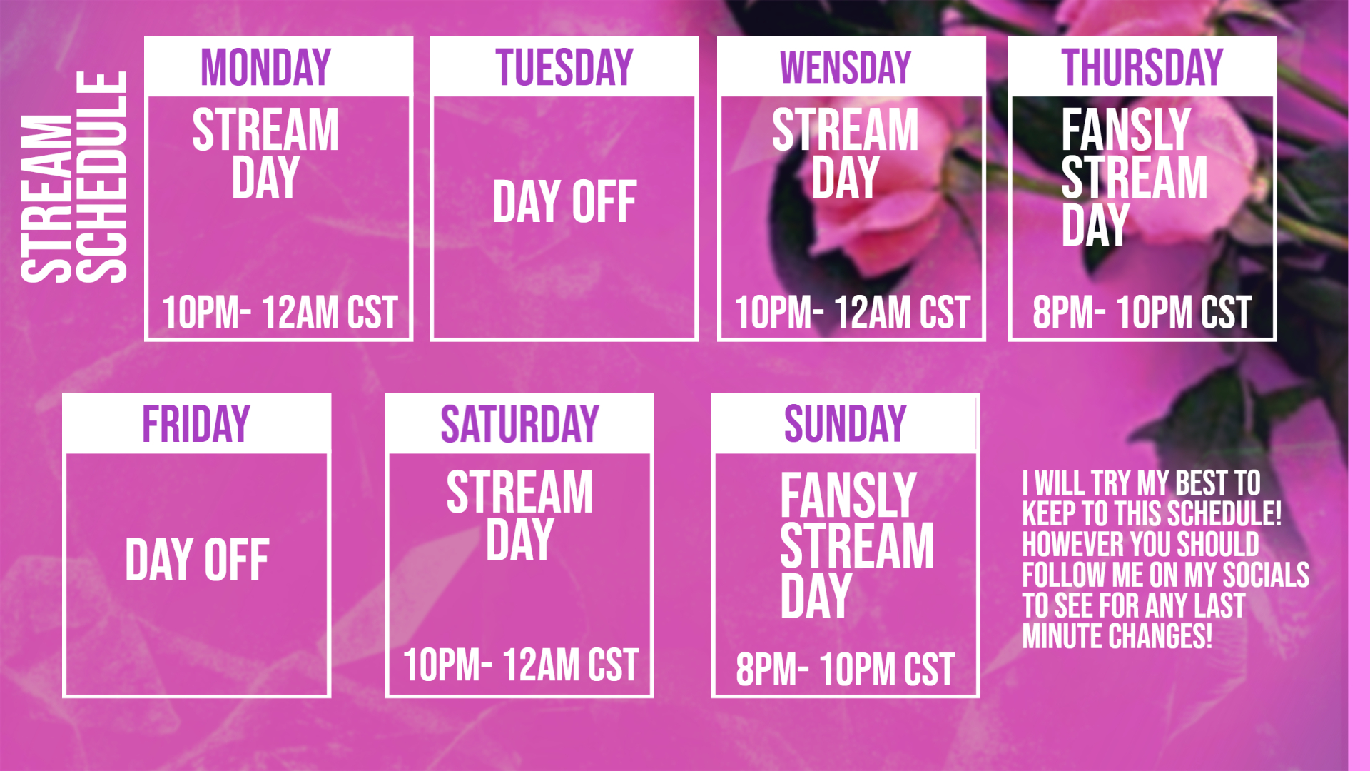 Want to know when im live, ive finally gotten my schedule done for when i stream so take a look at it! https://t.co/7Slwh2Fhni