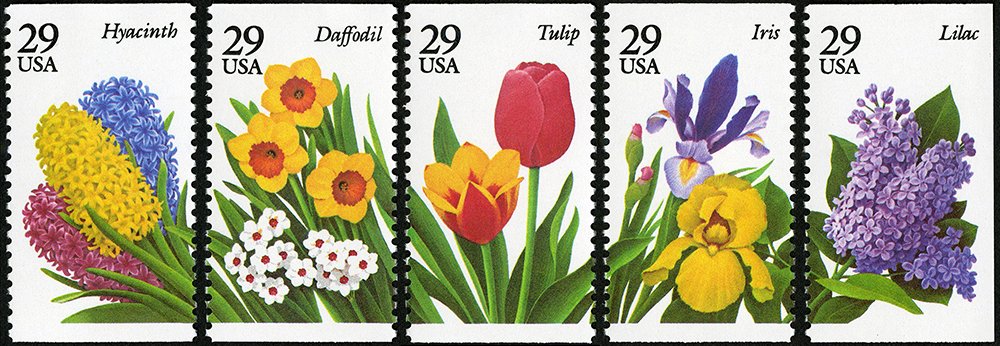 PostalMuseum's tweet photo. Happy #FirstDayOfSpring! The first issue of the 1993-1996 “Seasonal Garden” stamp series, the “Spring Garden Flowers” represent the happy, annual arrival of spring blooms and were illustrated by Ned Seidler. 
#spring
© U.S. Postal Service. All rights reserved. https://t.co/tvoTAfiSMV