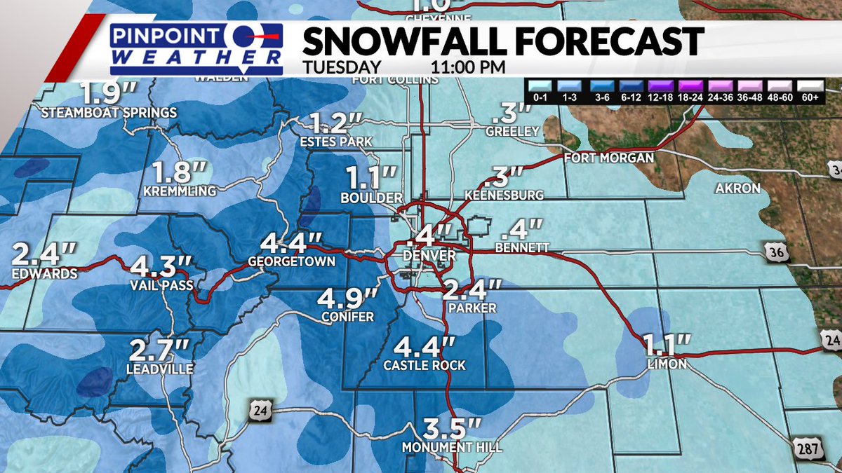 WeatherMichels's tweet photo. #Snow moves into #Denver early #Monday morning and lingers into the afternoon. Little accumulation is expected in the city with mostly wet roads. The #PalmerDivide and #Foothills can get more and roads can be more #slushy there. #BeSafe to start the week!
#COwx https://t.co/gZwyhthL6C