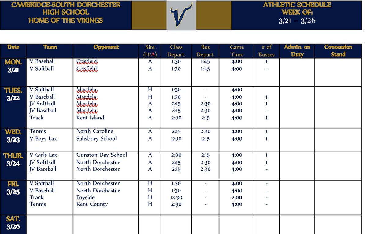 This weeks Athletic Schedule
