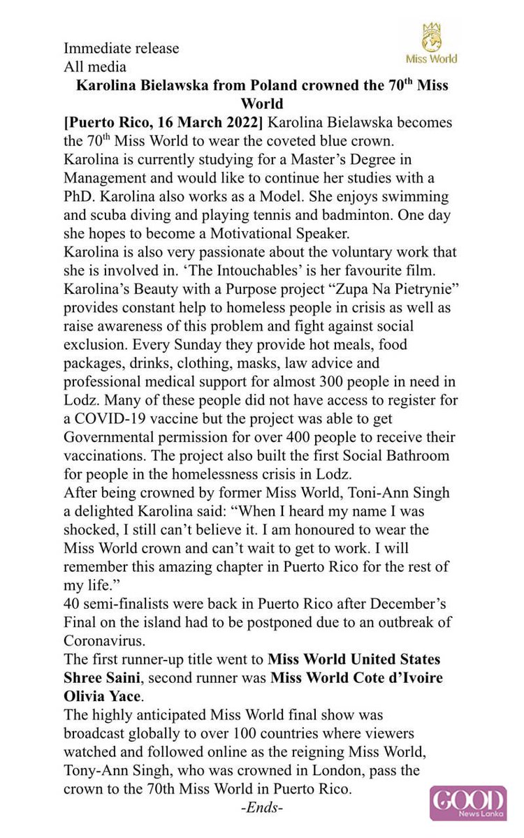 good_lanka's tweet photo. Good News Lanka takes the privilege to share the 70th Miss World press release

#MissWorld2022 #lka #GoodNewsLanka https://t.co/IZbtNon8EO