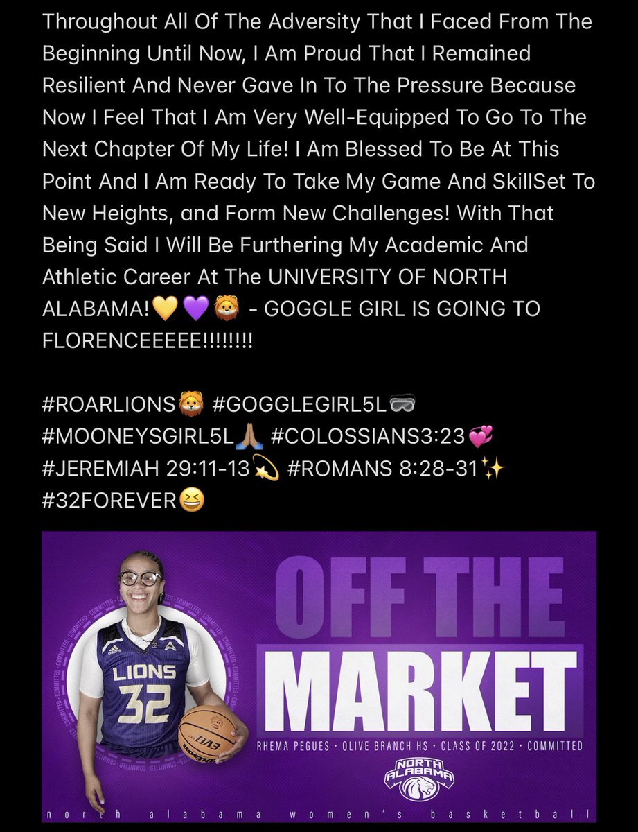 RhemaPegues's tweet photo. THANK YOU GOD FOR ALL OF YOUR BLESSINGS! LETS GET IT! #ROARLIONS🦁💜💛 #Committed💜💛🦁 @UNAHOOPS https://t.co/6WZyJ9PRjQ
