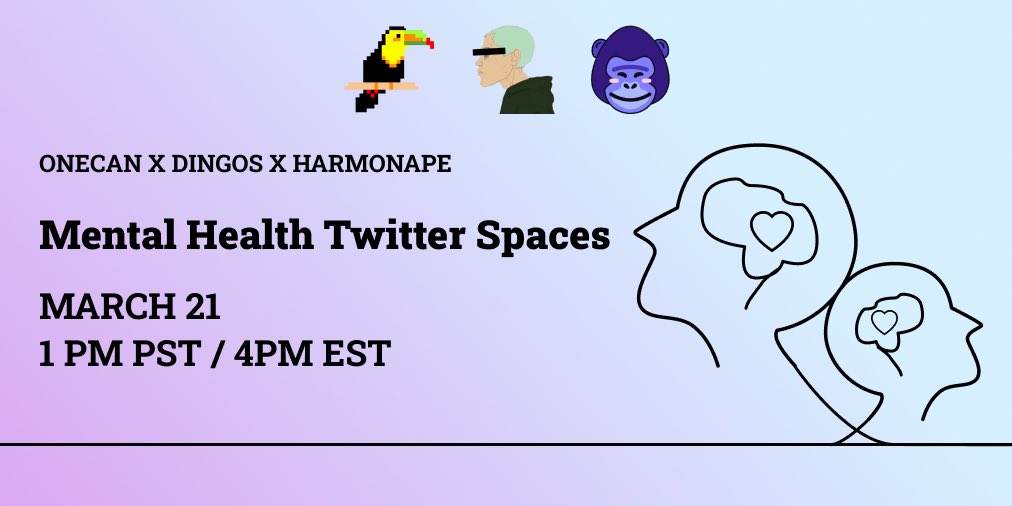 OneCan (@onecannft) on Twitter photo π¨COLLAB ALERTπ¨
Tomorrow, core team members of @DingosHarmony x <a href="/Harmonape/">Harmon Ape π (π¦,π¦)</a> will join us in a Twitter Spaces to have an open discussion about mental health.
Feel free to join us if you want to talk or just listen in! You are not alone β€οΈ
1pm PST / 4pm EST / 8pm GMT / 8am AEDT π¨COLLAB ALERTπ¨
Tomorrow, core team members of @DingosHarmony x <a href="/Harmonape/">Harmon Ape π (π¦,π¦)</a> will join us in a Twitter Spaces to have an open discussion about mental health.
Feel free to join us if you want to talk or just listen in! You are not alone β€οΈ
1pm PST / 4pm EST / 8pm GMT / 8am AEDT